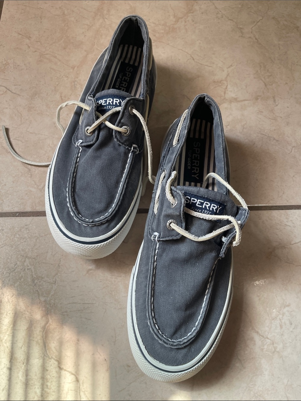 Sperry Men’s Dark Blue Canvas Boat Shoes with White Laces